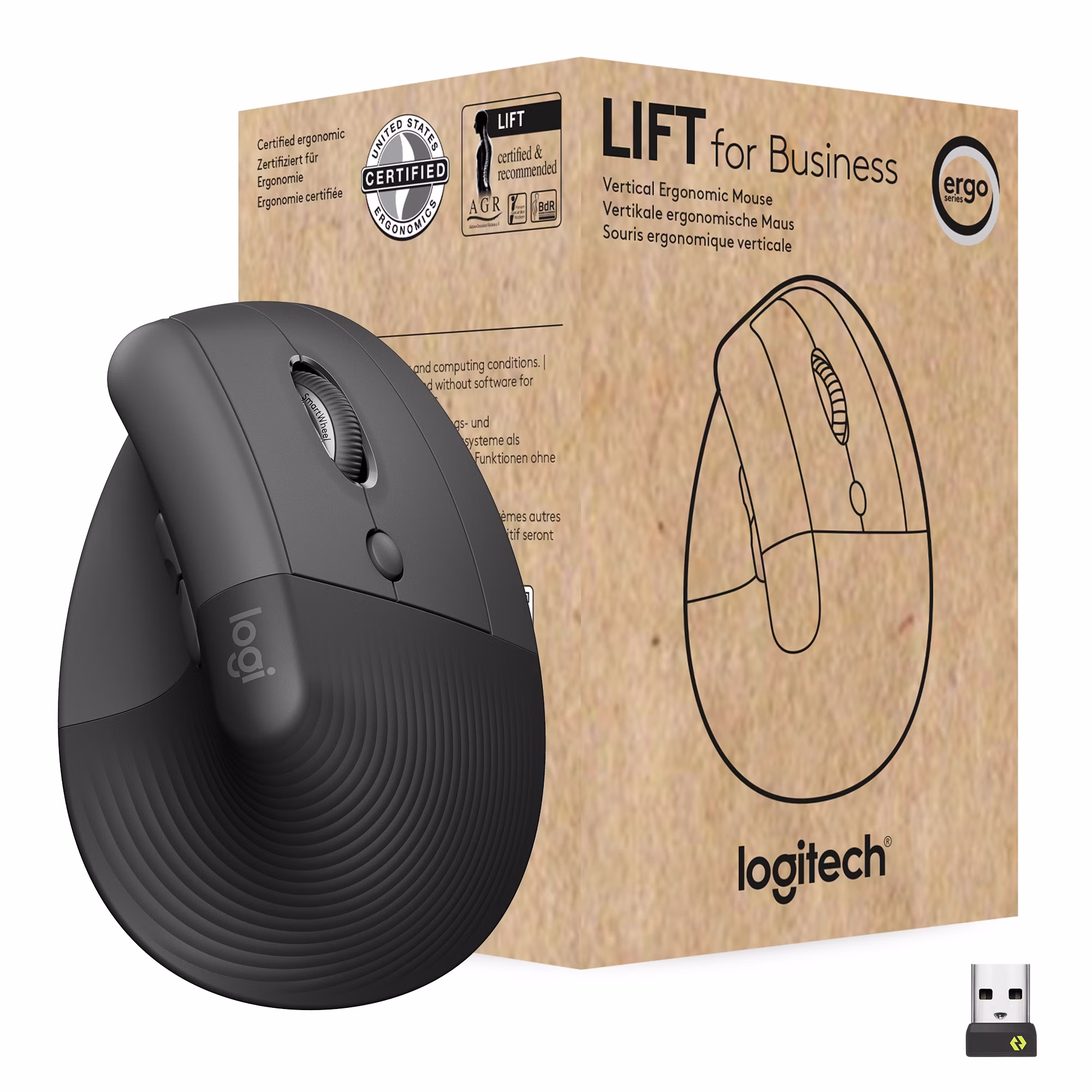 Mouse Logitech Lift for Business wireless ergonomico in grafite a destra con ricevitore Bolt
