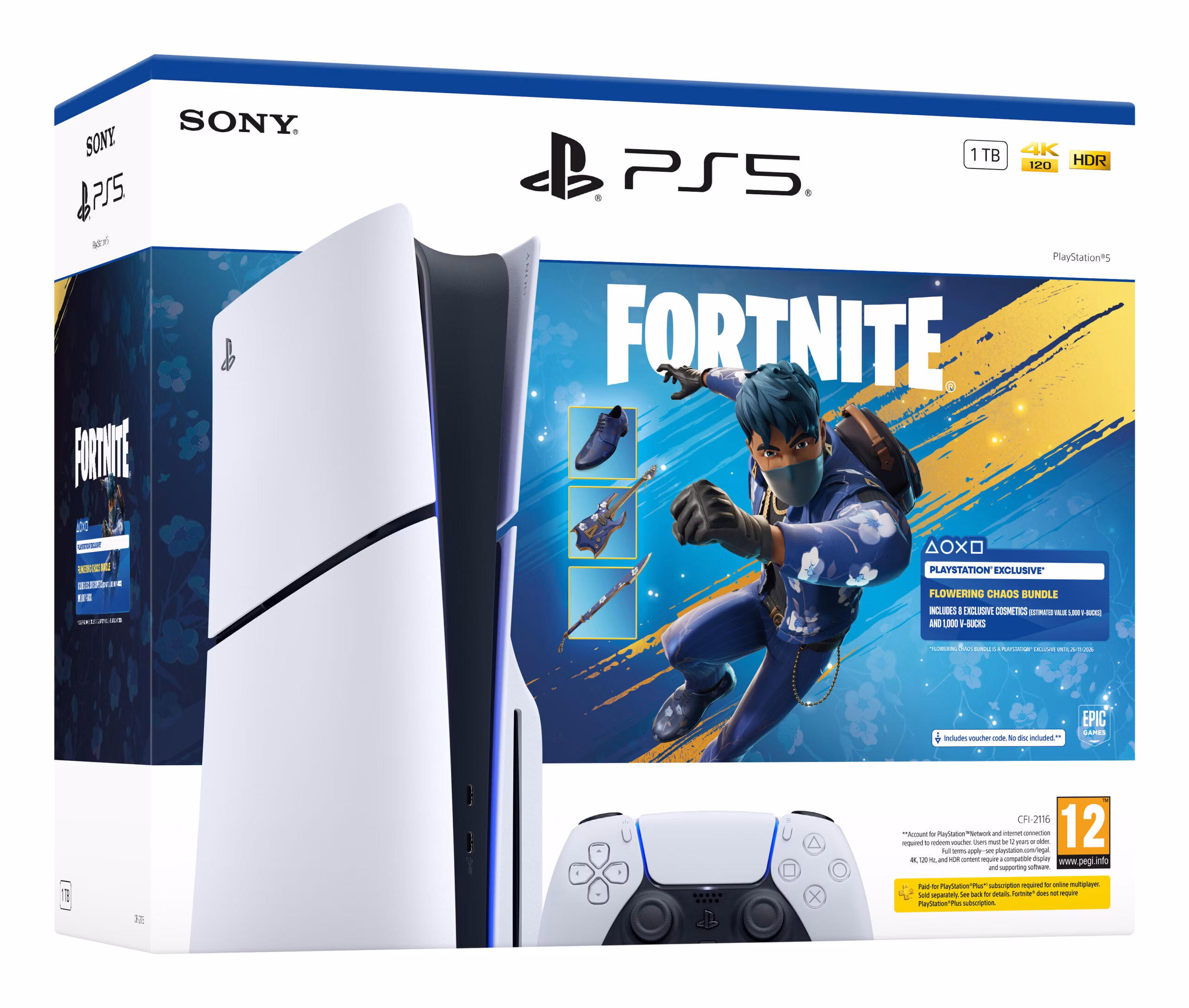 Console Sony PS5 PlayStation 5 1TB CON LETTORE OTTICO BUNDLE FORTNITE CHAOS FLOWERING