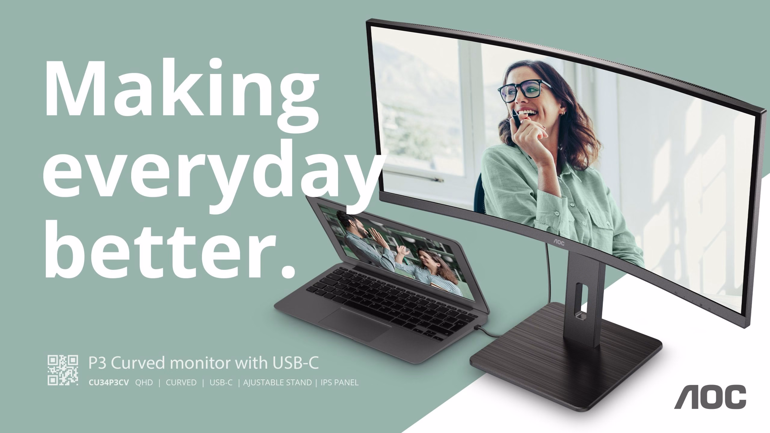 Monitor AOC CU34P3CV 34'' WQHD VA Adaptive-Sync USB LED Nero 2 Monitor AOC CU34P3CV 34'' WQHD VA Adaptive-Sync USB LED Nero - immagine 2